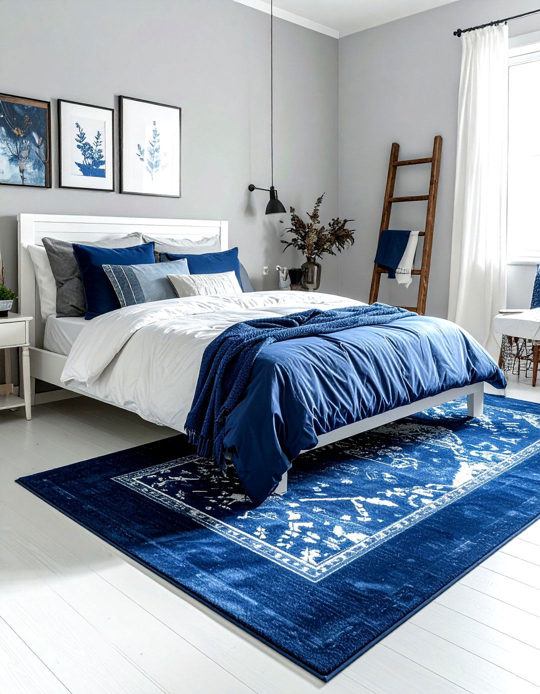 Navy blue area rug - 30 farmhouse blue bedroom ideas