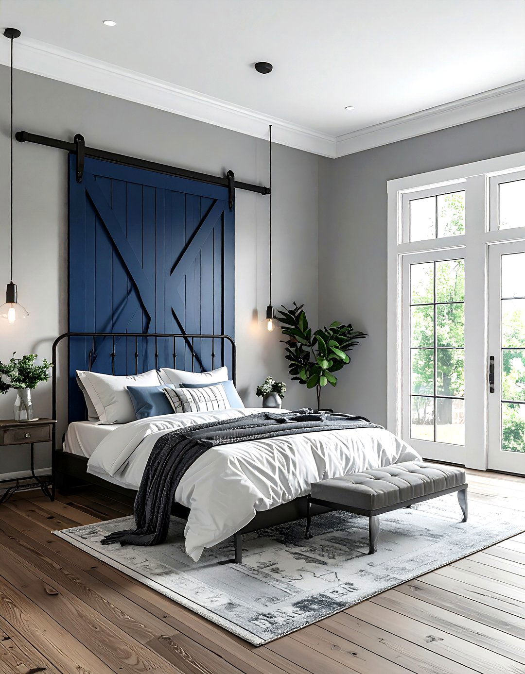 Navy blue barn door - 30 farmhouse blue bedroom ideas