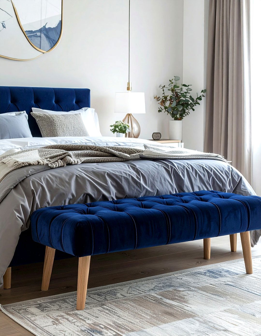Navy blue bench for foot of bed - 30 contemporary navy bedroom ideas