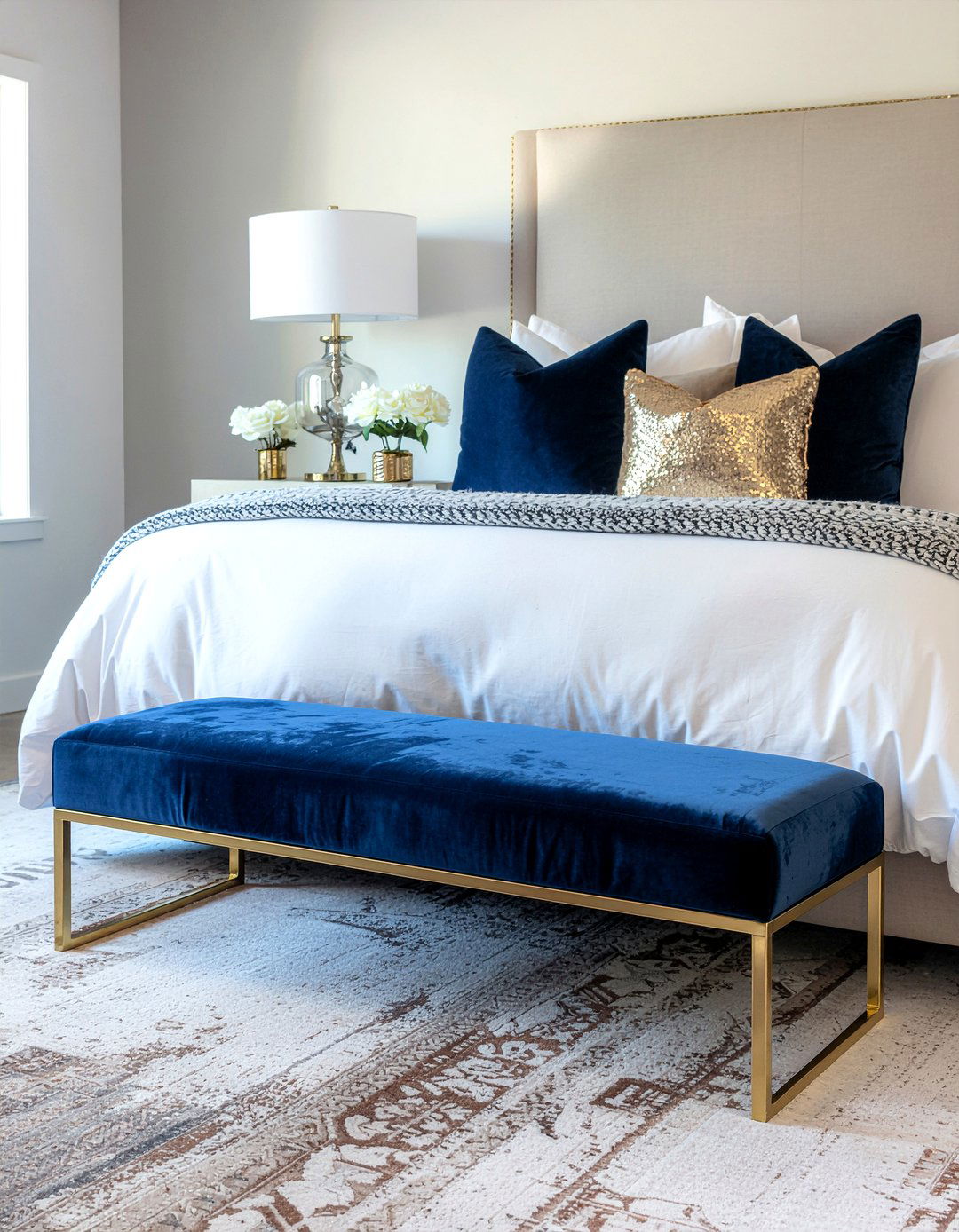 Navy blue bench - 30 navy and gold bedroom ideas