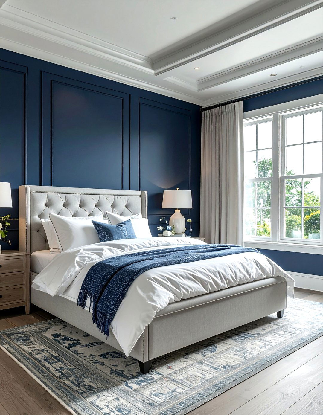 Navy blue board and batten wall - 30 coastal navy bedroom ideas