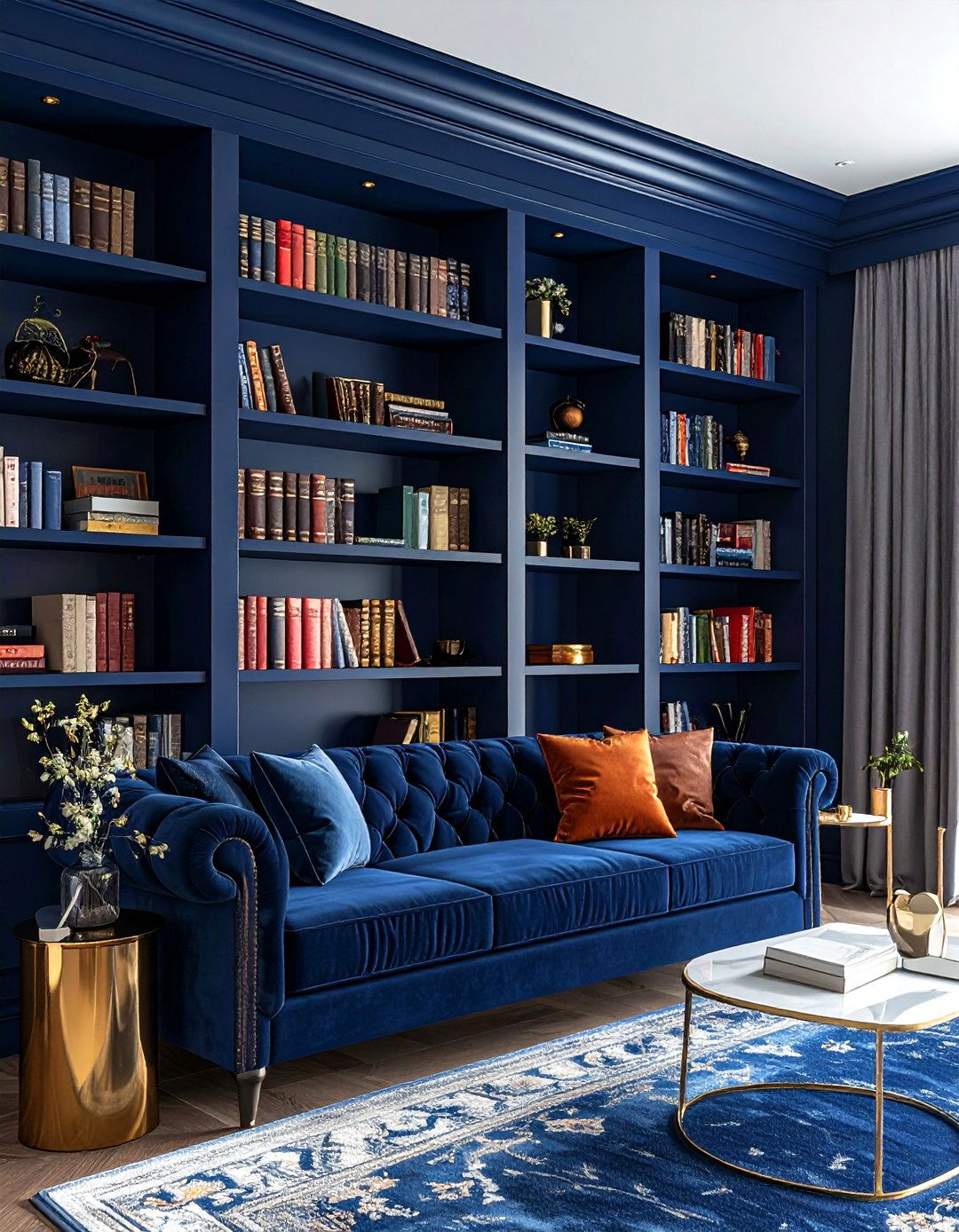 Navy blue built in bookshelves - 30 contemporary navy living room ideas