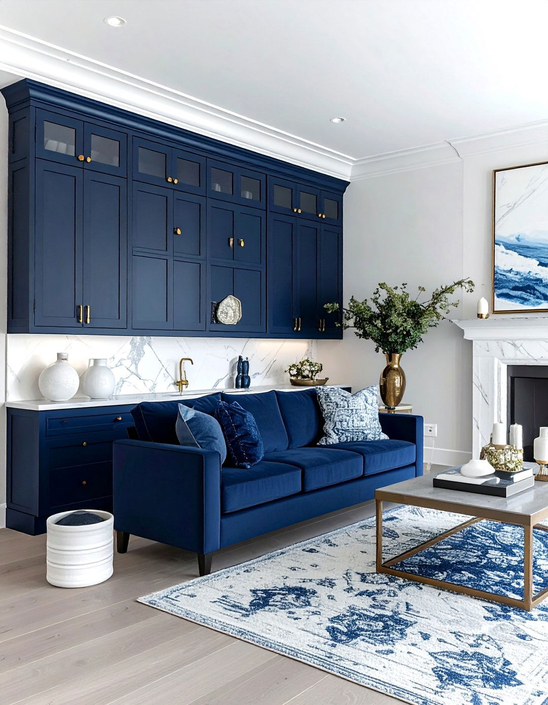 Navy blue built in cabinets - 30 coastal navy living room ideas