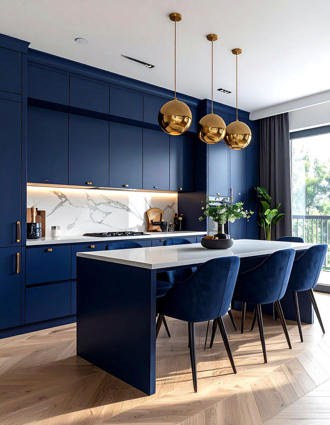Navy blue built in cabinets gold knobs - 30 navy and gold dining room ideas