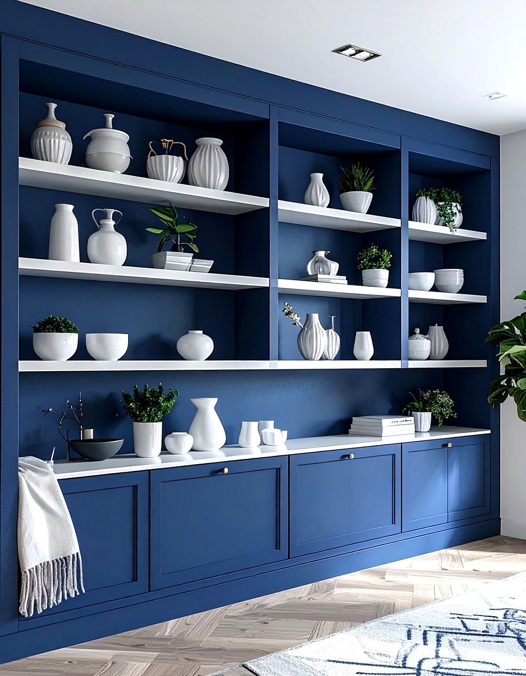 Navy blue built in shelves - 30 scandinavian navy living room ideas