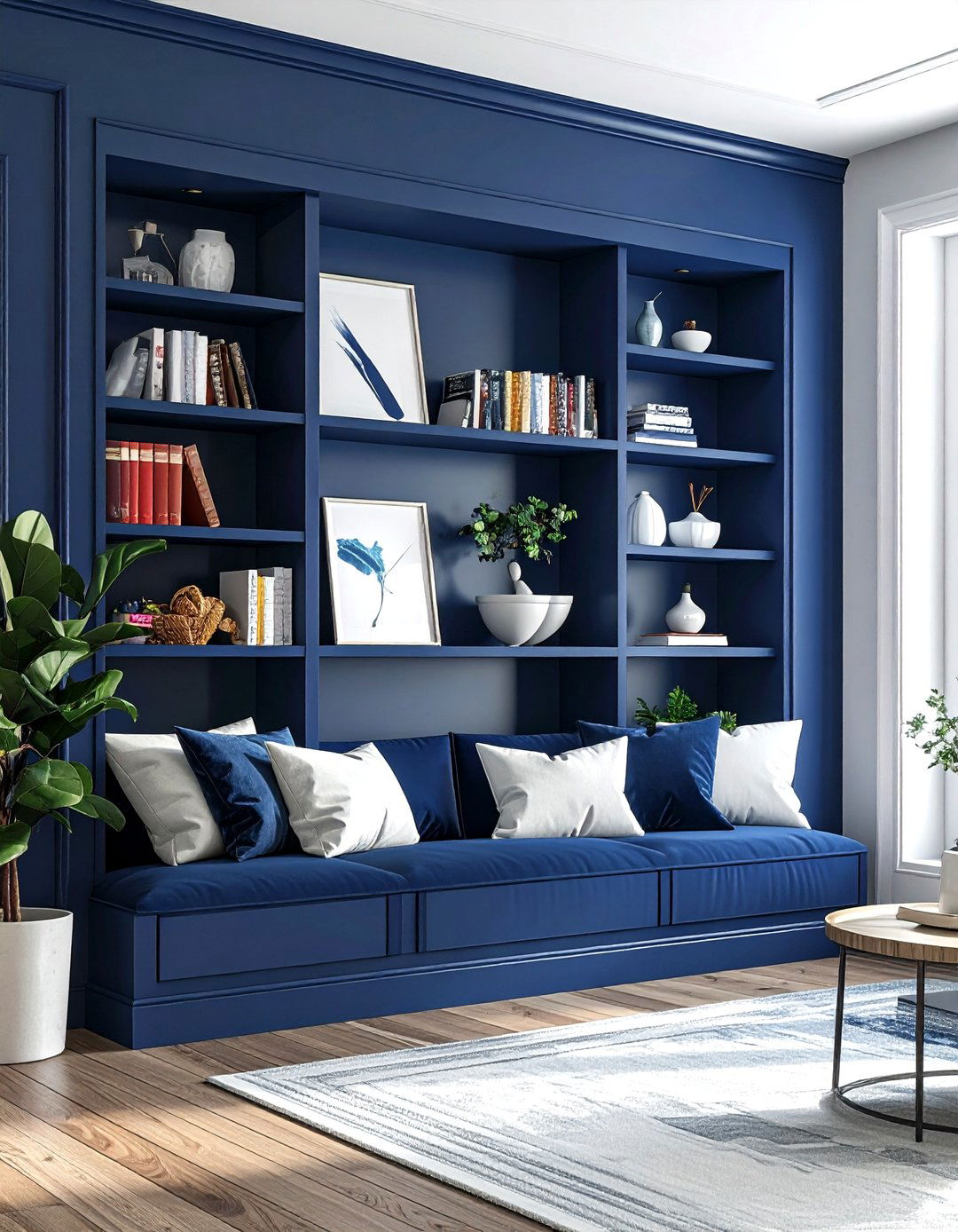 Navy blue built in shelves - 30 navy decor ideas