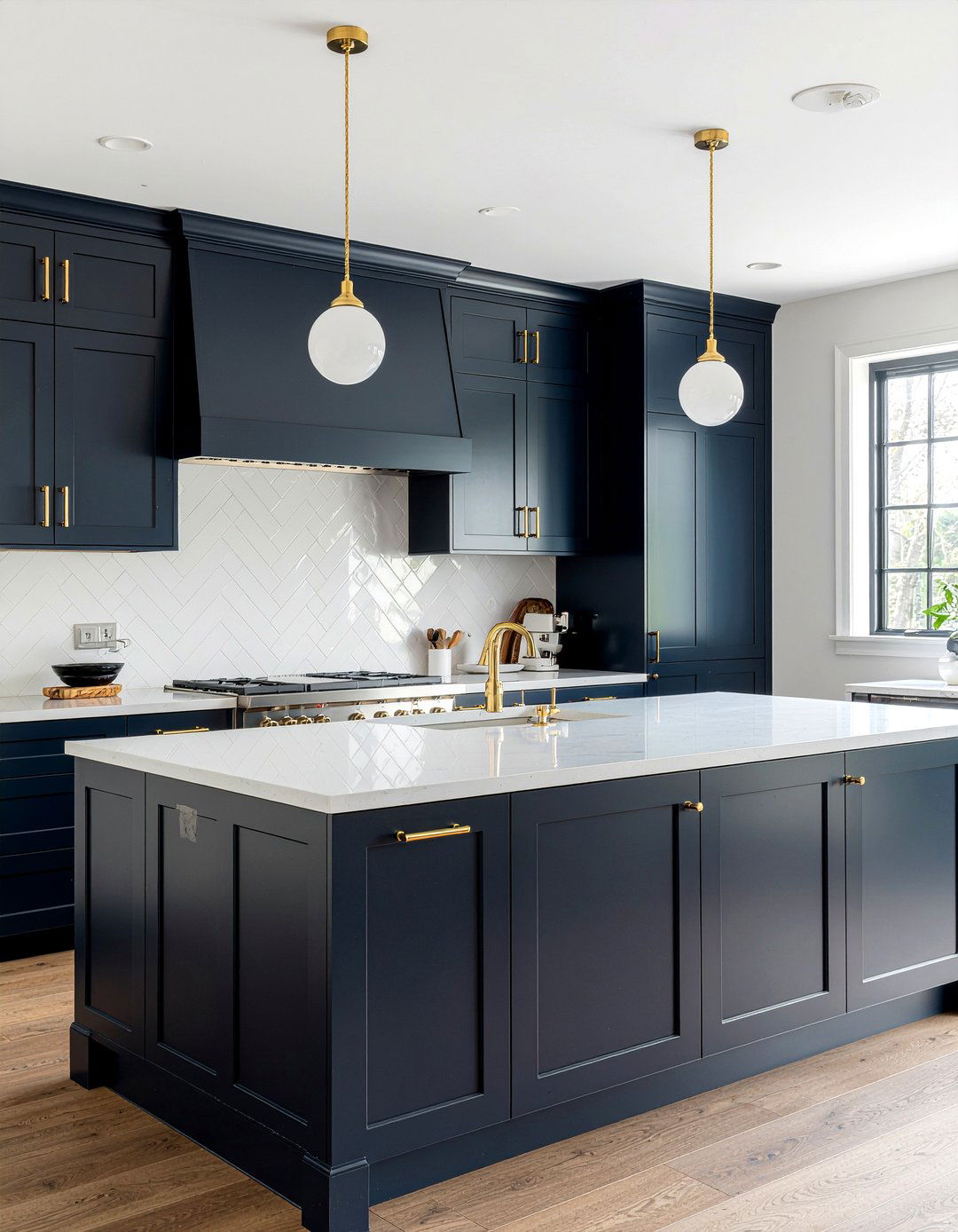 Navy blue cabinets gold handles - 30 gold accent kitchen ideas