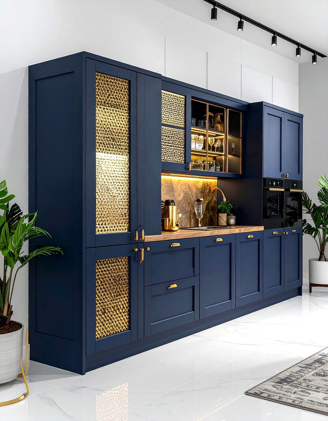 Navy blue cabinets with gold mesh inserts - 30 navy and gold kitchen ideas