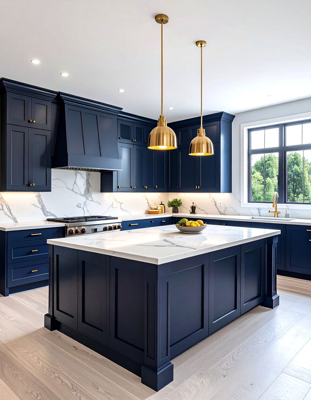 Navy blue cabinets with light gray island - 30 blue and gray kitchen ideas
