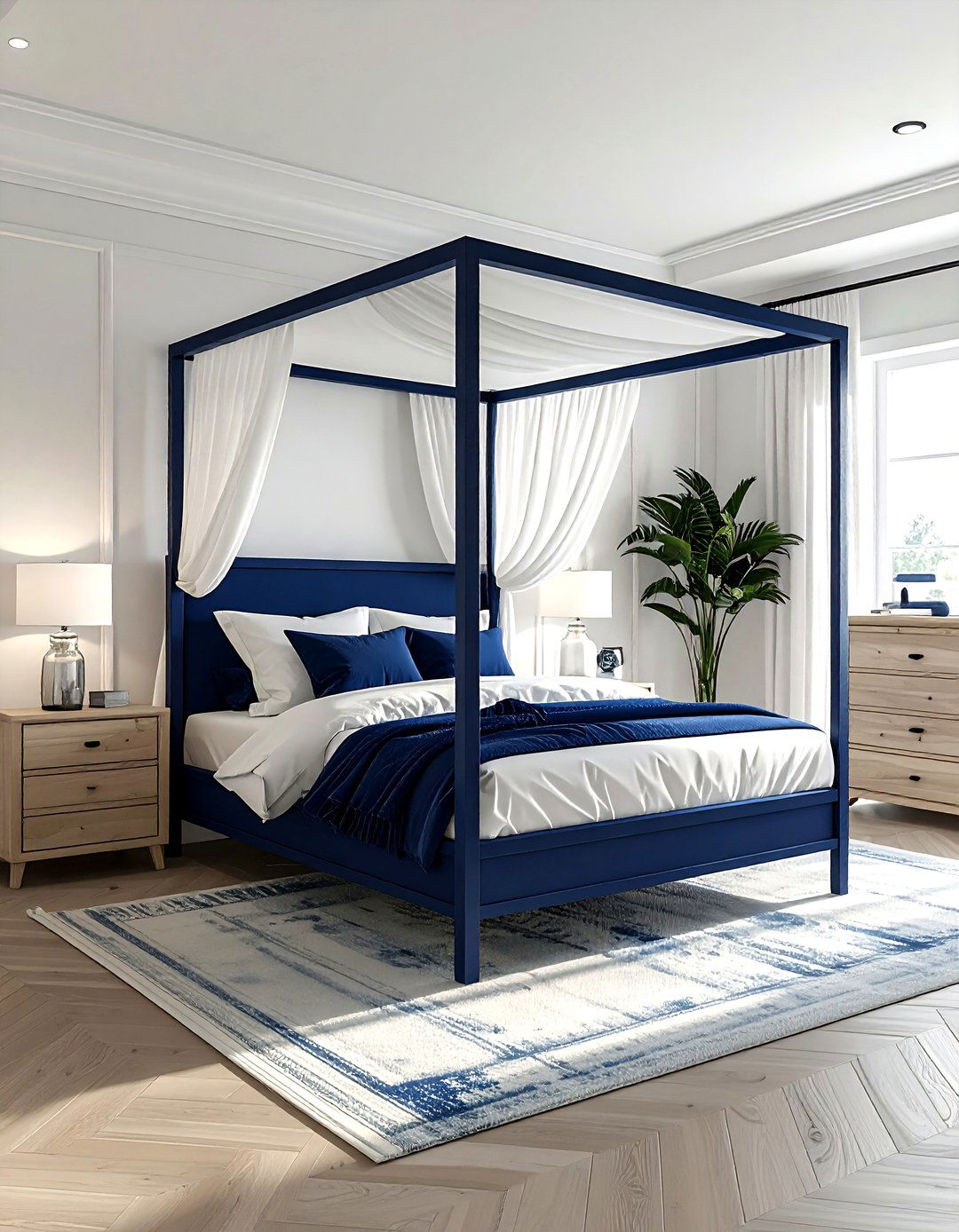 Navy blue canopy bed - 30 coastal navy bedroom ideas