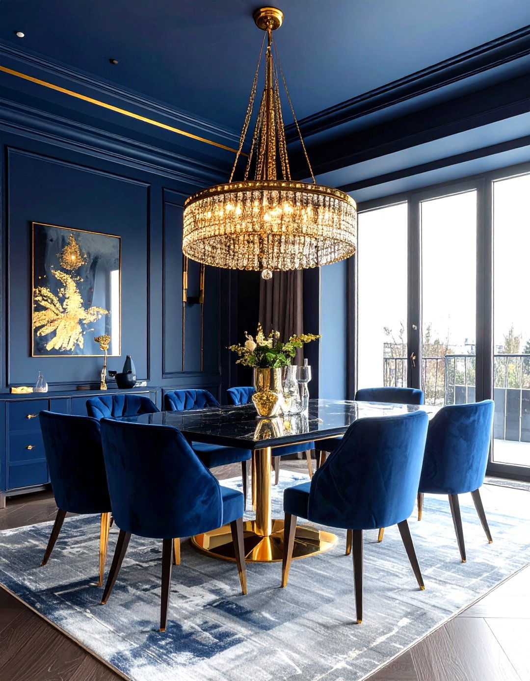 Navy blue ceiling gold chandelier - 30 navy and gold dining room ideas
