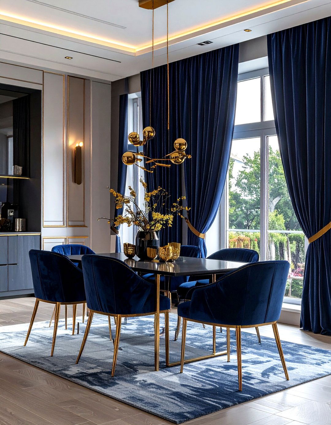 Navy blue curtains gold rod - 30 navy and gold dining room ideas