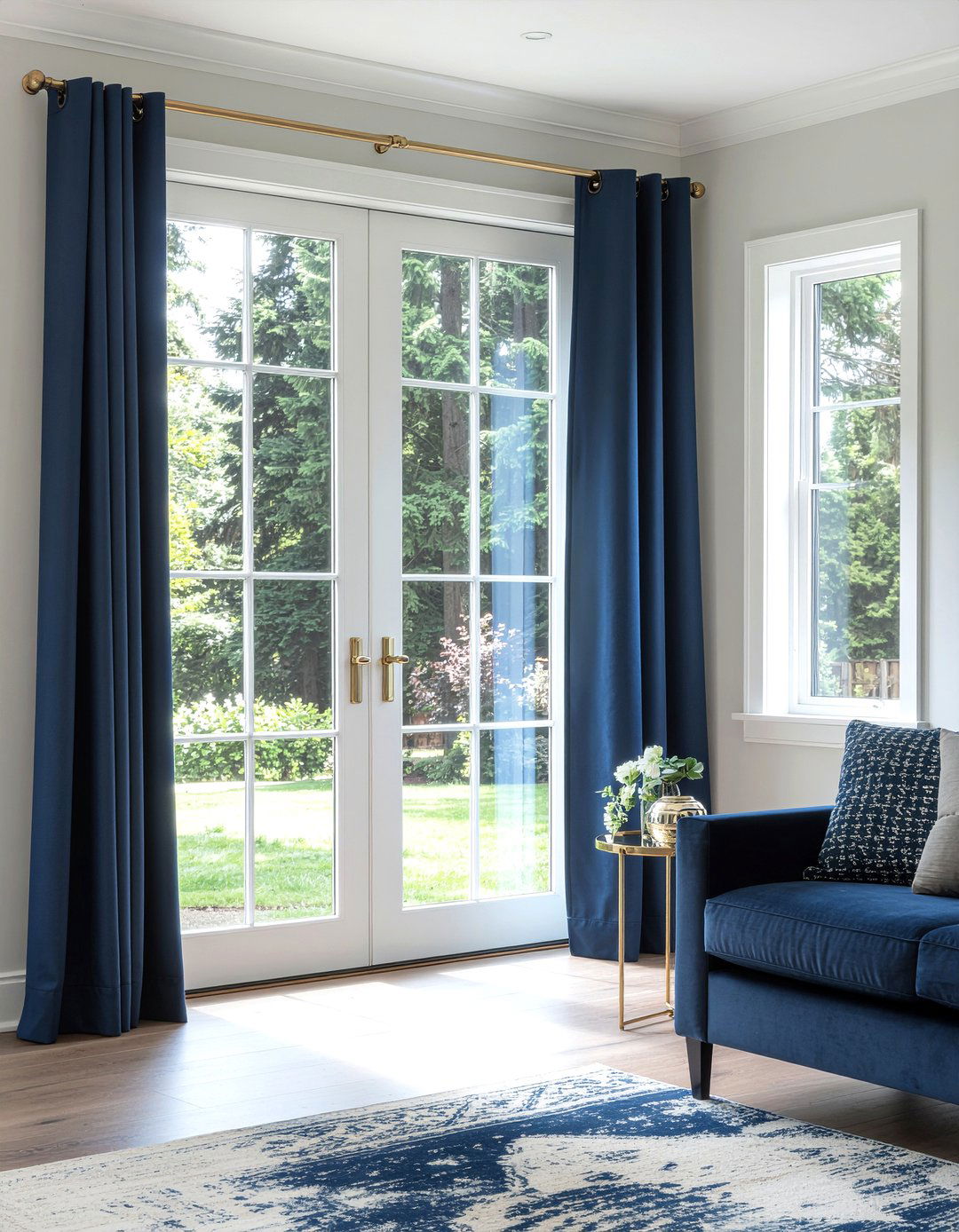 Navy blue curtains with gold hardware - 30 navy and gold living room ideas