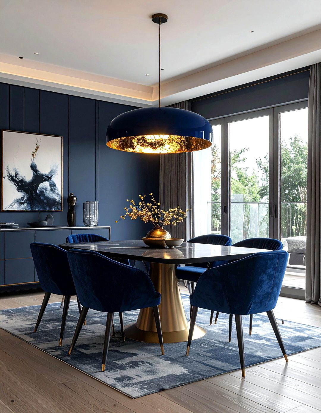 Navy blue dining room gold light fixture - 30 navy and gold dining room ideas
