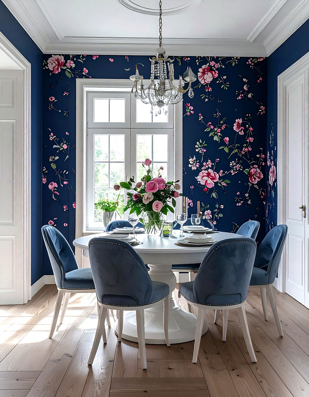 Navy blue dining room with floral wallpaper - 30 navy dining room design ideas