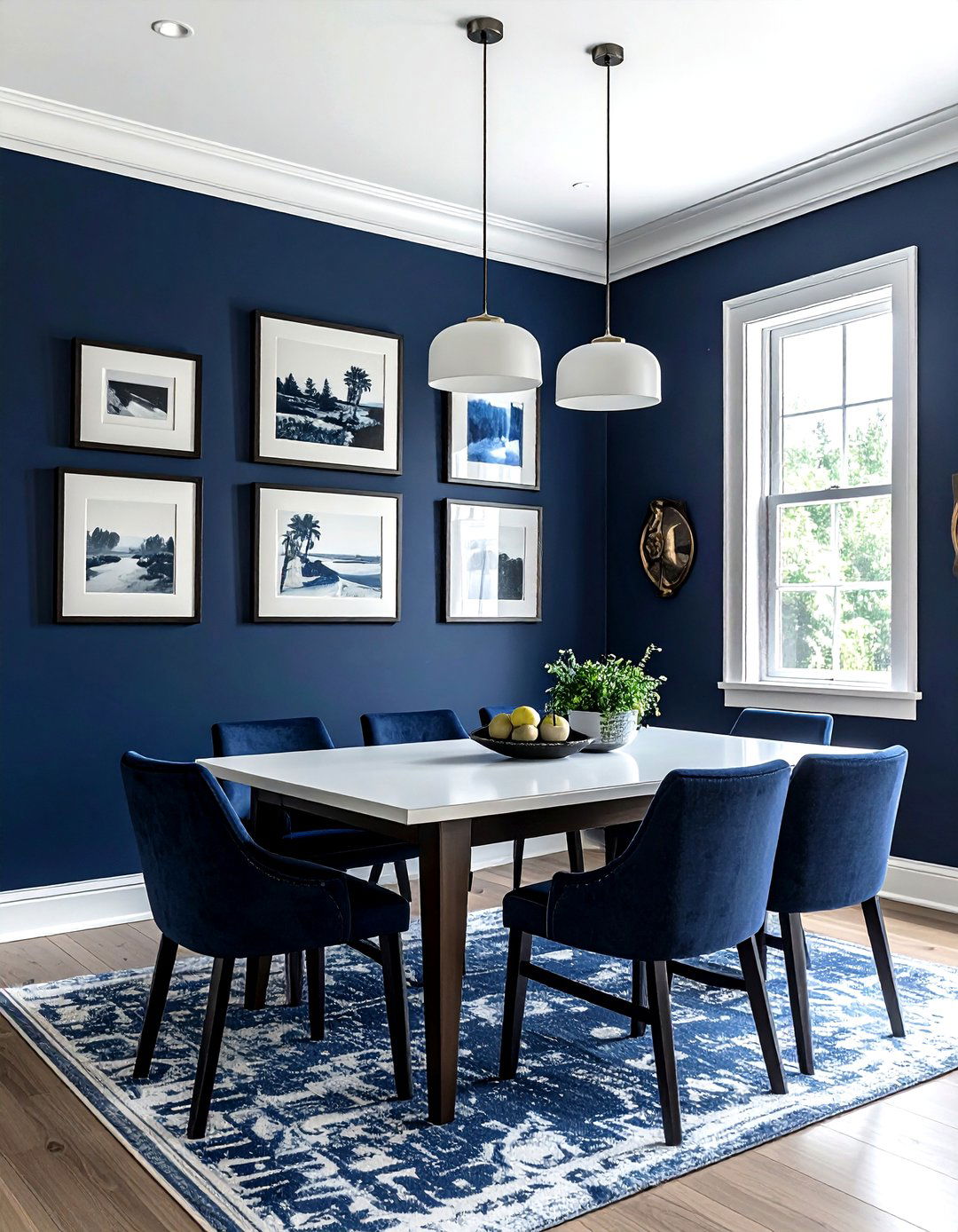 Navy blue dining room with gallery wall - 30 navy dining room design ideas