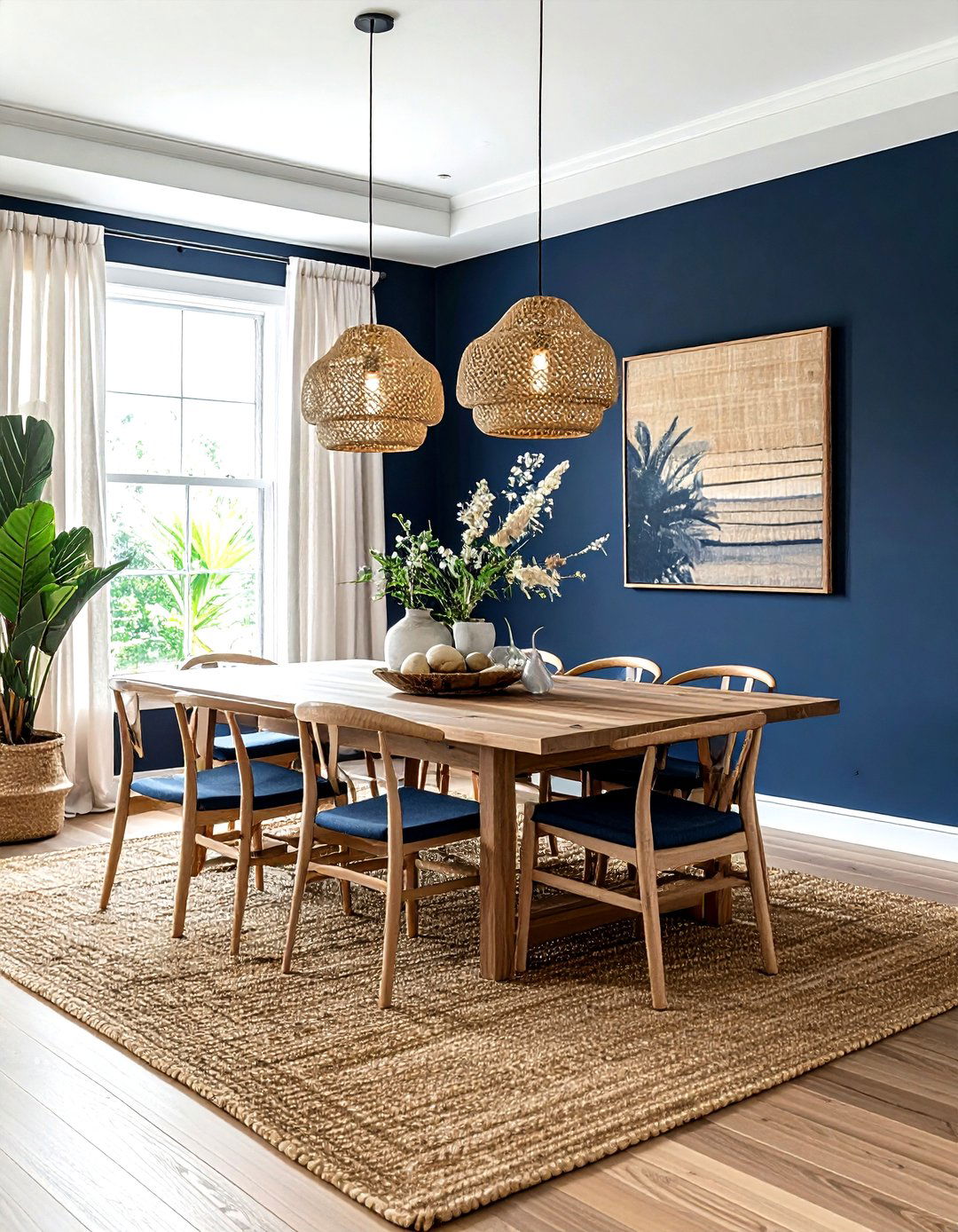 Navy blue dining room with jute rug - 30 navy dining room design ideas