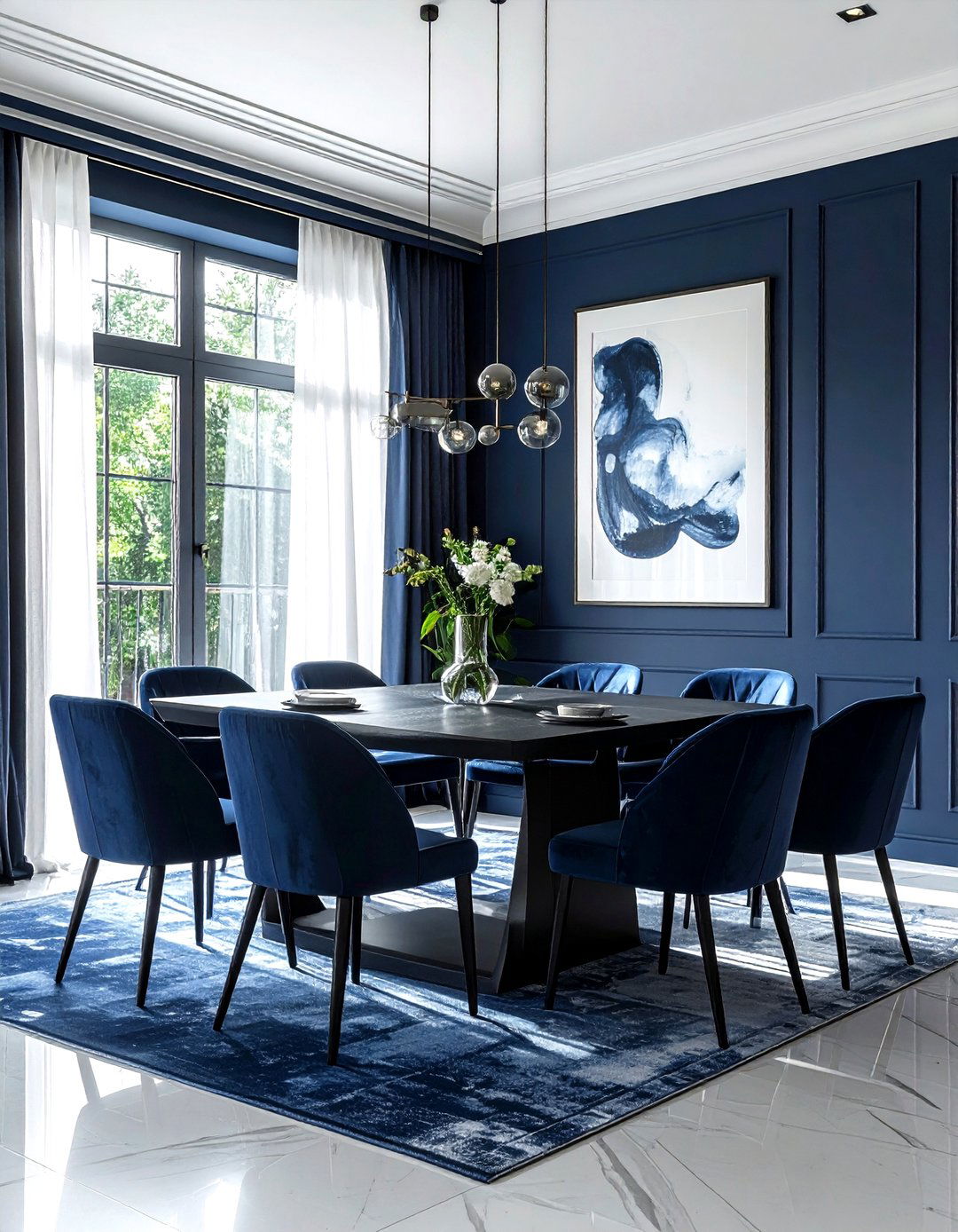Navy blue dining room with large window - 30 navy dining room design ideas