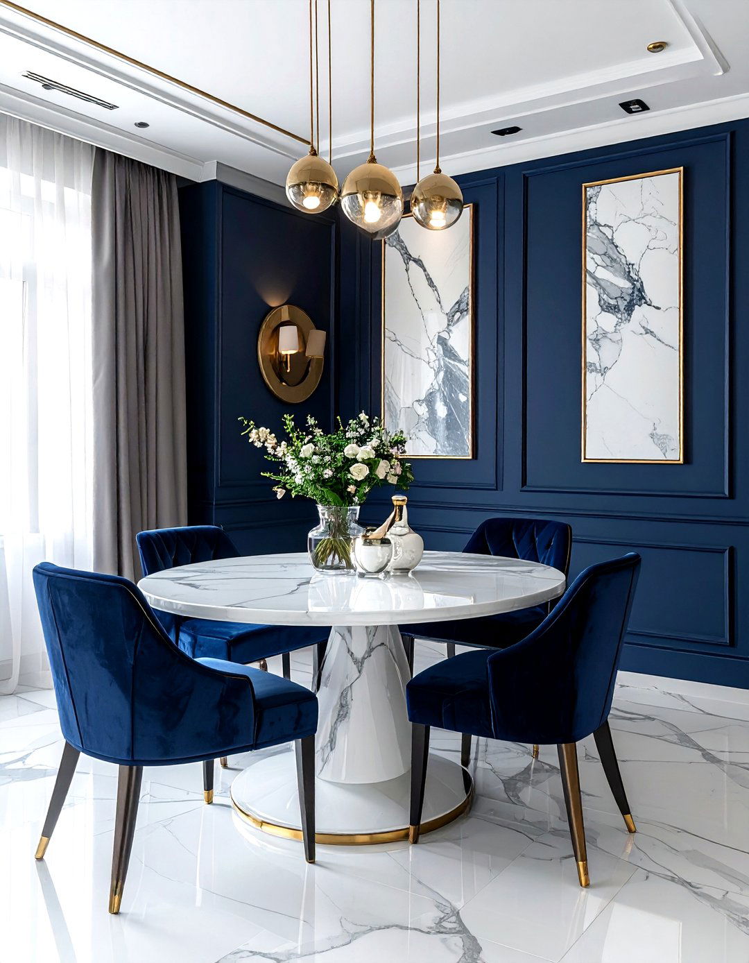 Navy blue dining room with marble table - 30 navy dining room design ideas