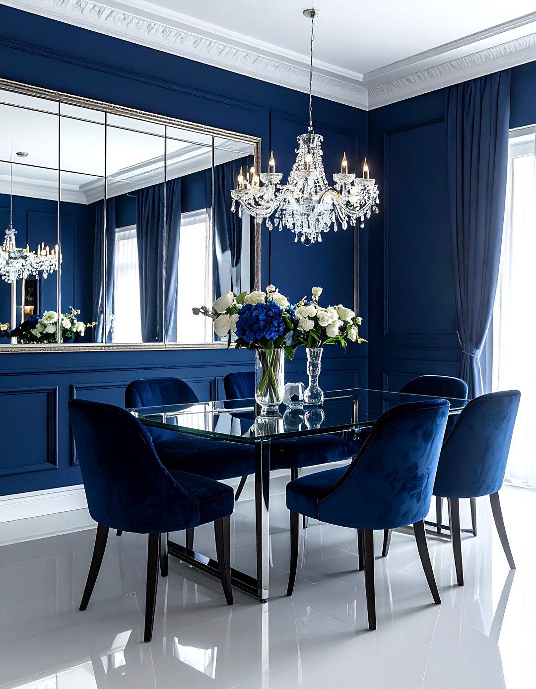 Navy blue dining room with mirror wall - 30 navy dining room design ideas