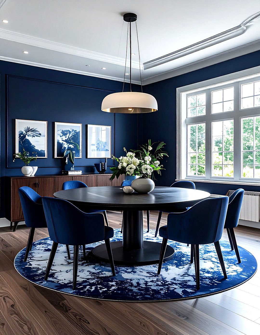 Navy blue dining room with round table - 30 navy dining room design ideas
