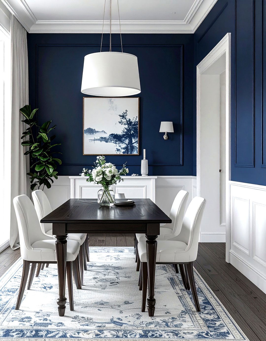 Navy blue dining room with white wainscoting - 30 navy dining room design ideas
