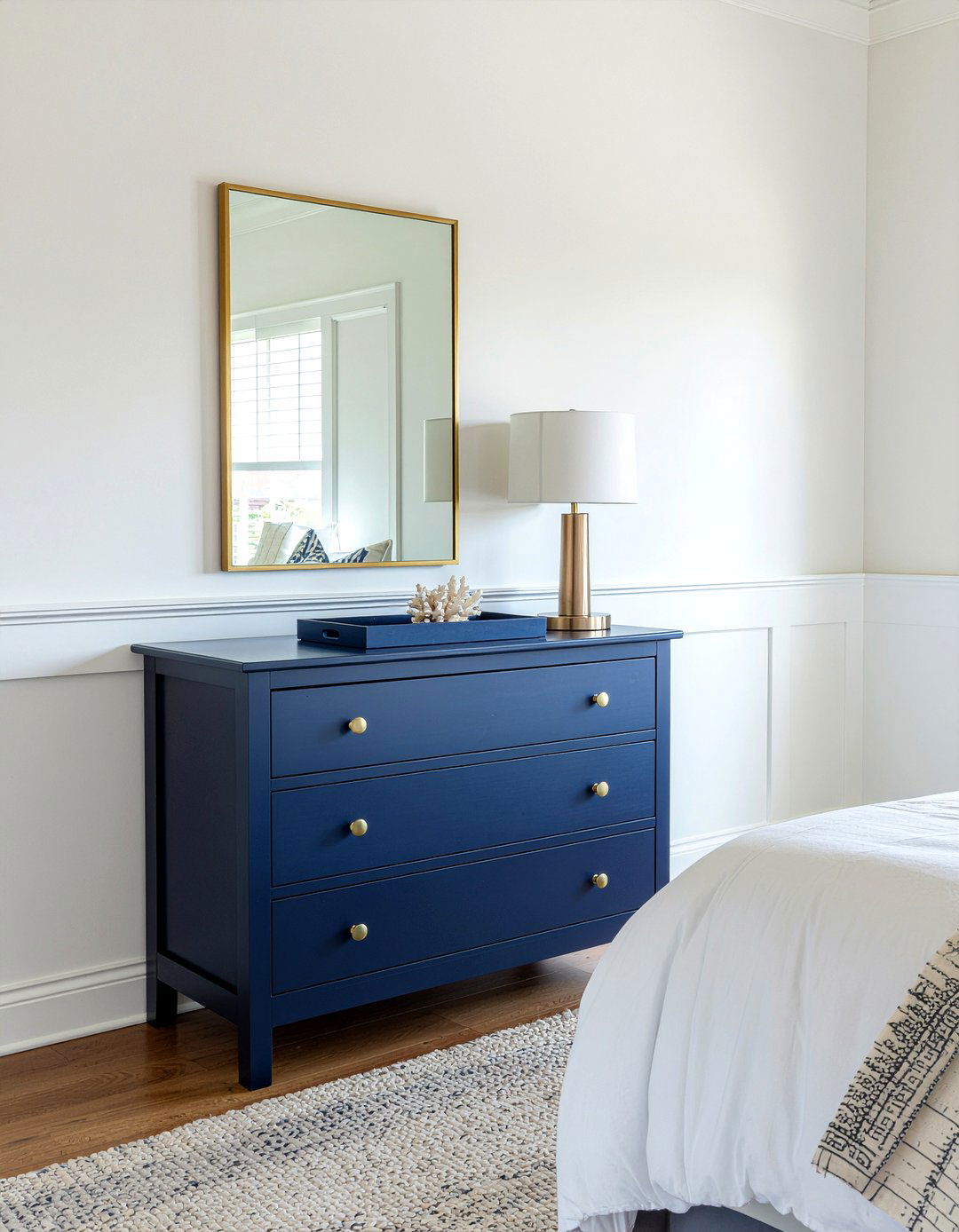 Navy blue dresser with brass mirror - 30 bedroom dresser with mirror ideas