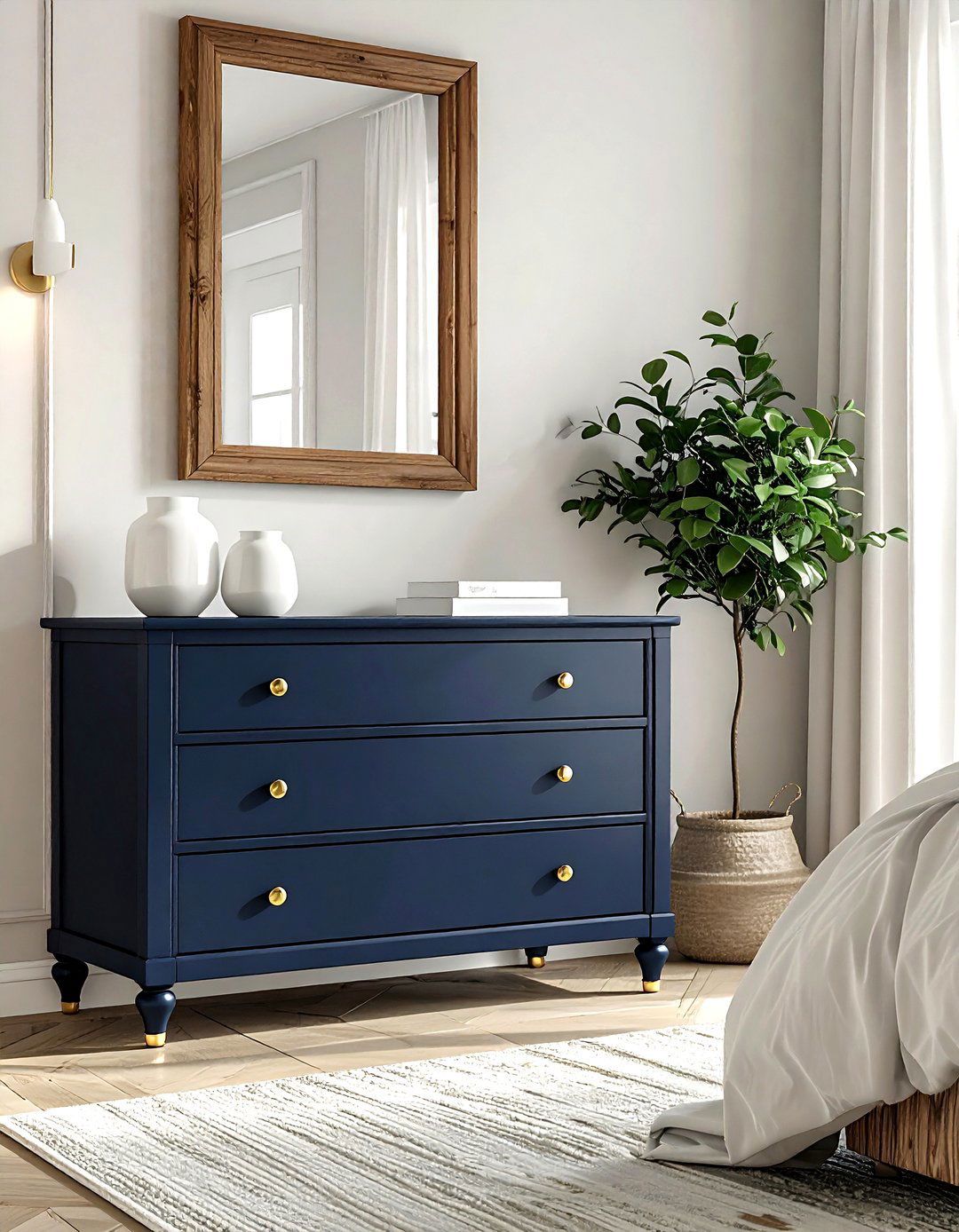 Navy blue dresser with gold hardware - 30 farmhouse navy bedroom ideas