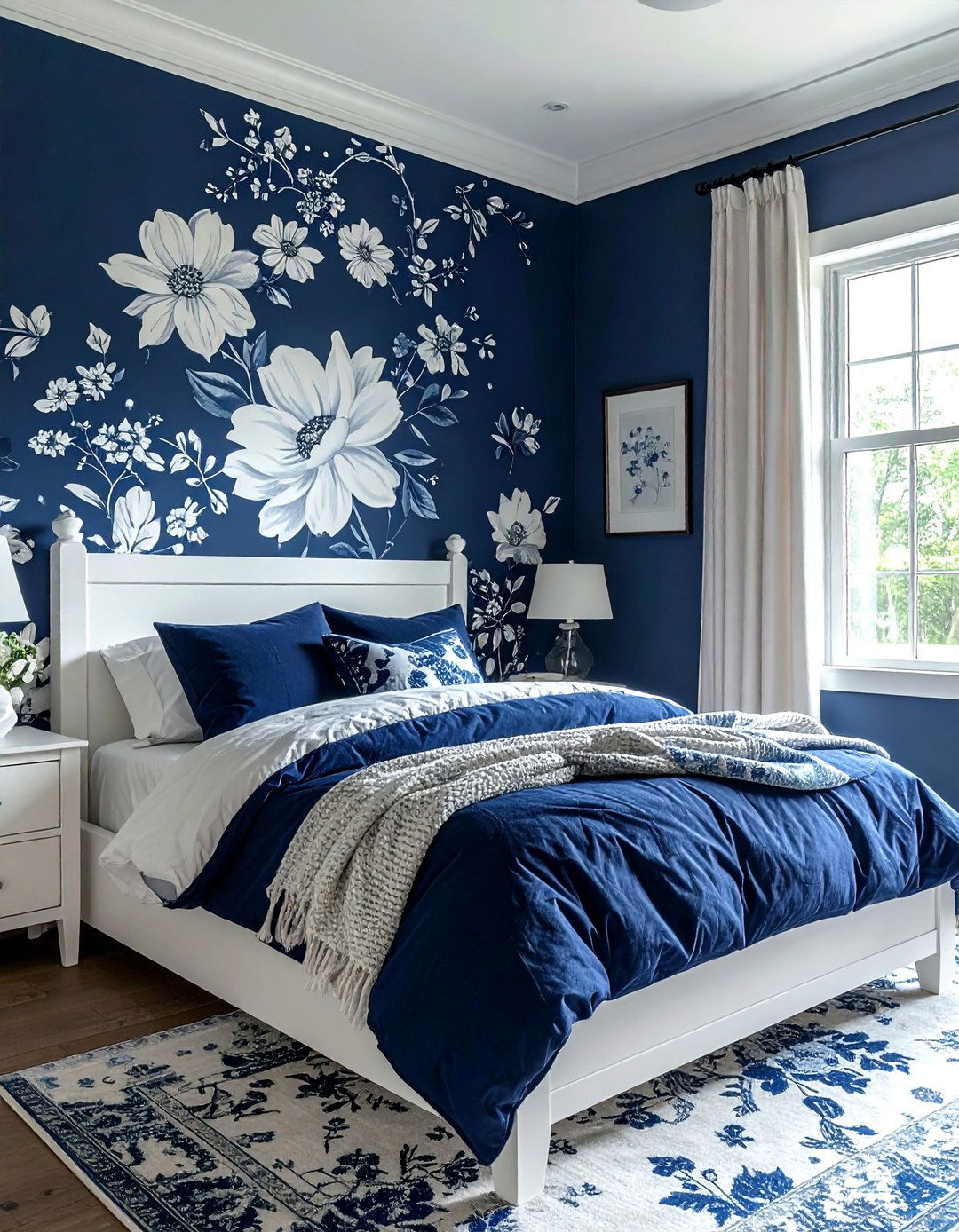 Navy blue floral farmhouse wallpaper - 30 farmhouse navy bedroom ideas