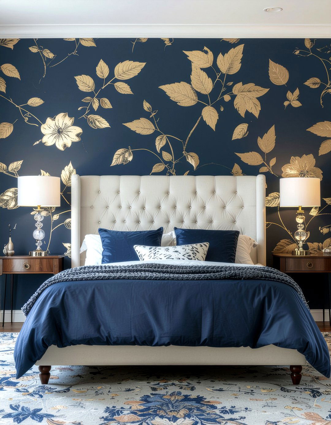 Navy blue floral wallpaper - 30 navy and gold bedroom ideas