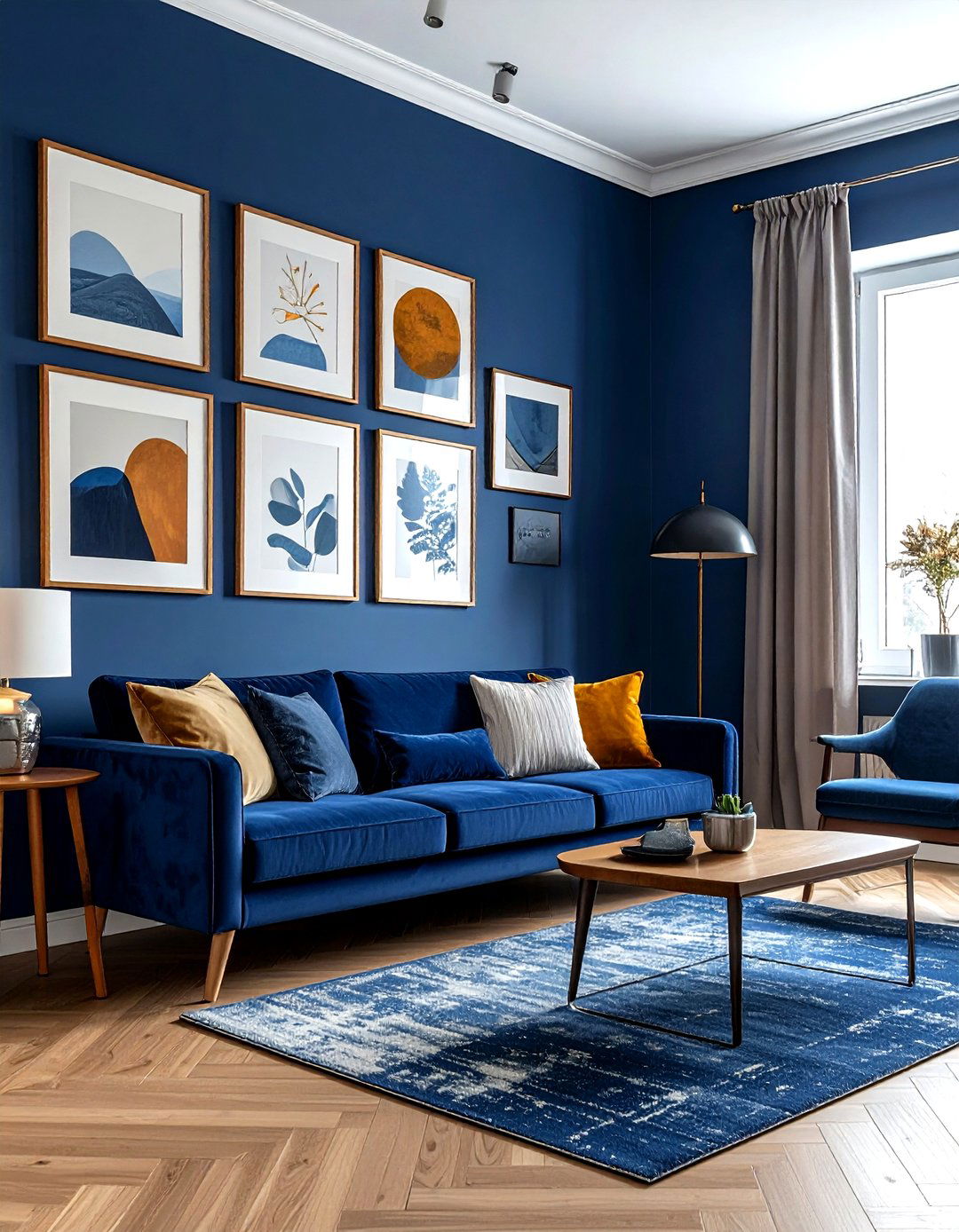 Navy blue gallery wall - 30 scandinavian navy living room ideas