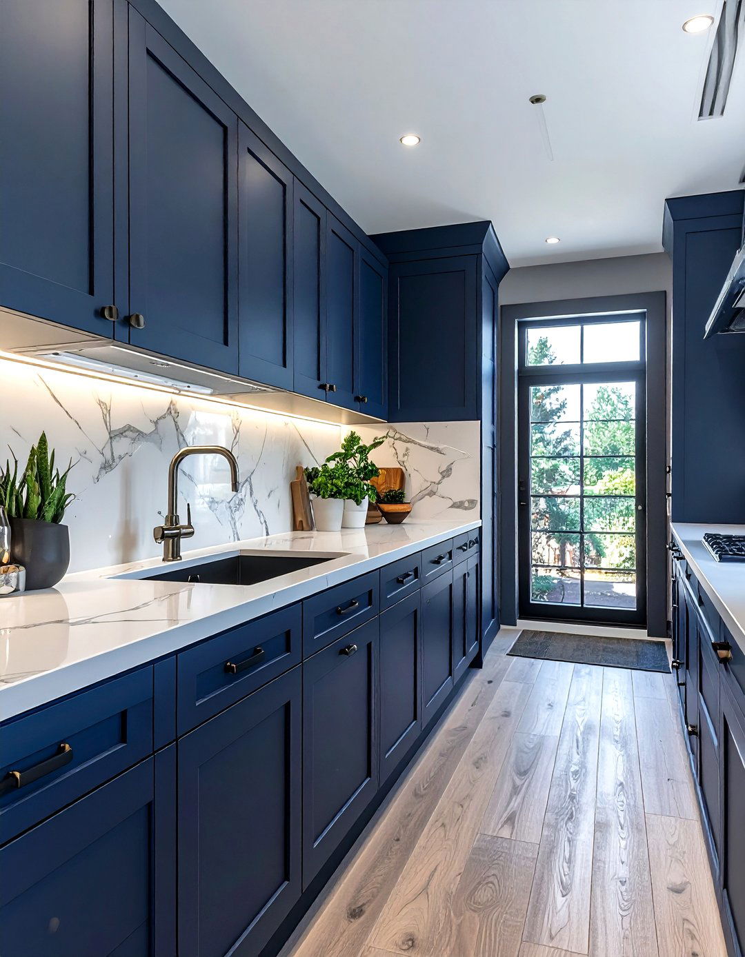 Navy blue galley kitchen - 30 navy kitchen cabinet ideas