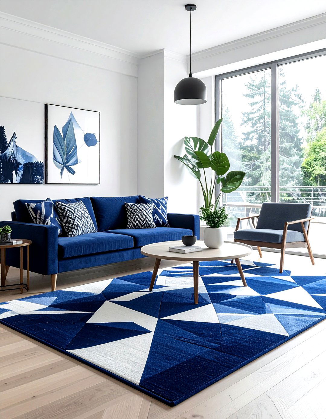 Navy blue geometric rug - 30 scandinavian navy living room ideas