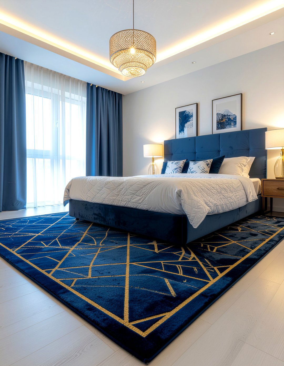 Navy blue geometric rug - 30 navy and gold bedroom ideas