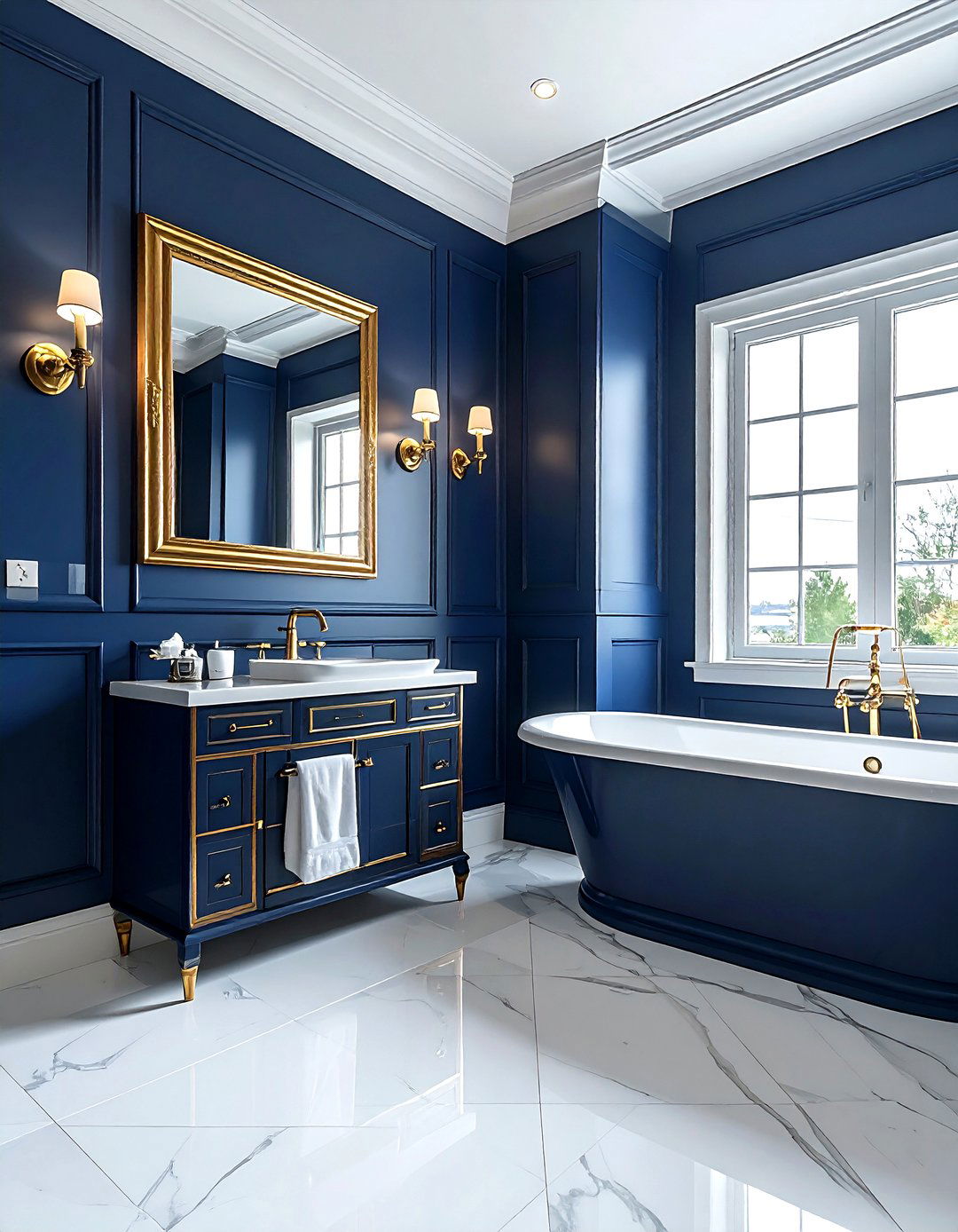 Navy blue gold bathroom - 30 gold bathroom decor ideas