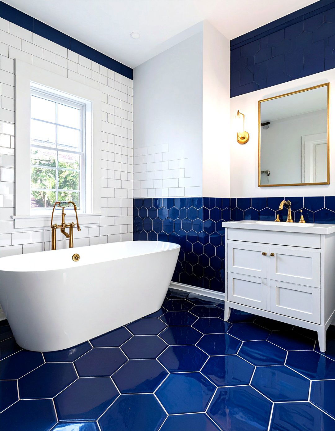 Navy blue hexagon mosaic - 30 small tile bathroom ideas