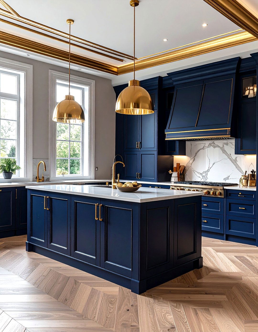 Navy blue kitchen cabinets with gold crown molding - 30 navy and gold kitchen ideas