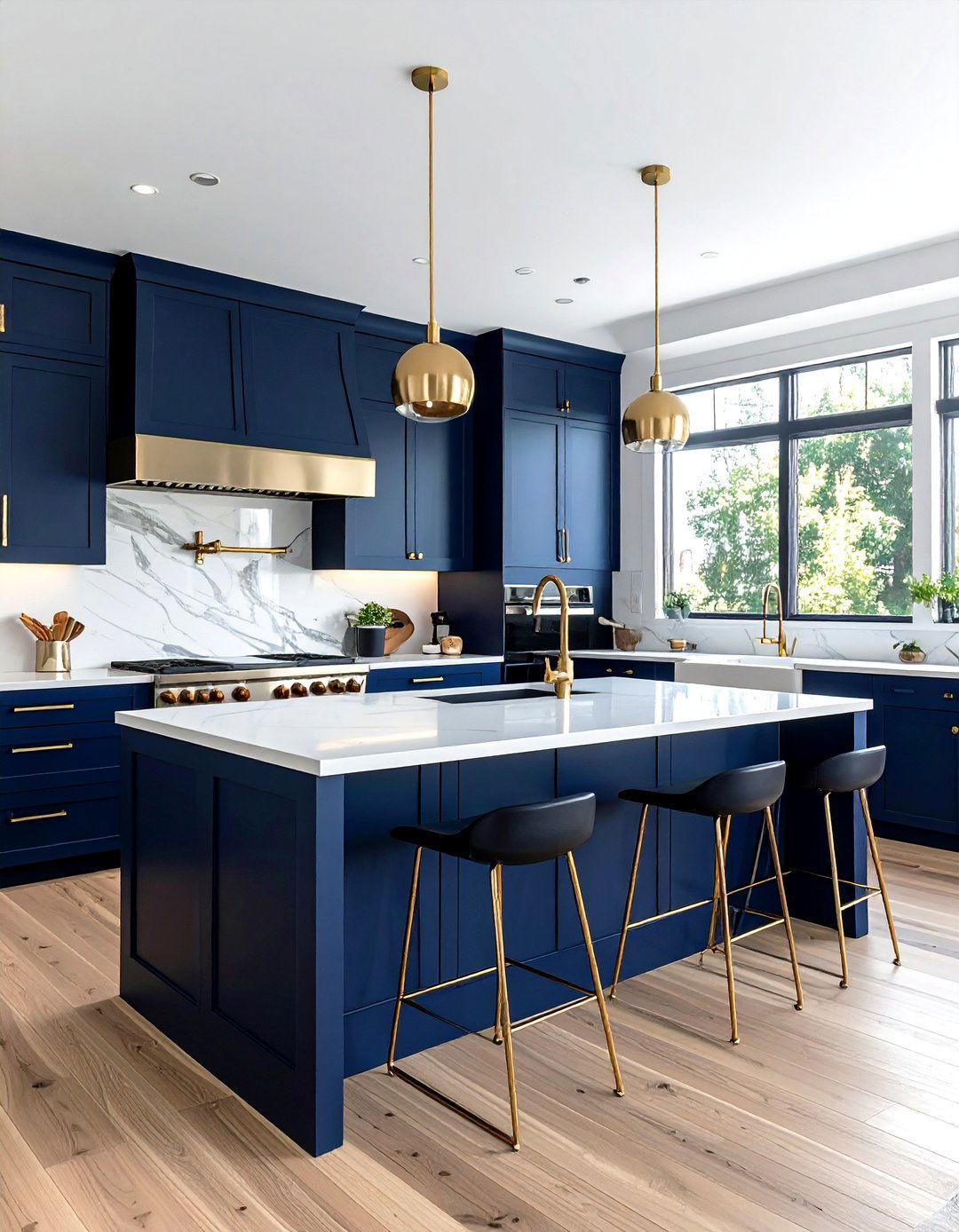 Navy blue kitchen island with gold legs - 30 navy and gold kitchen ideas