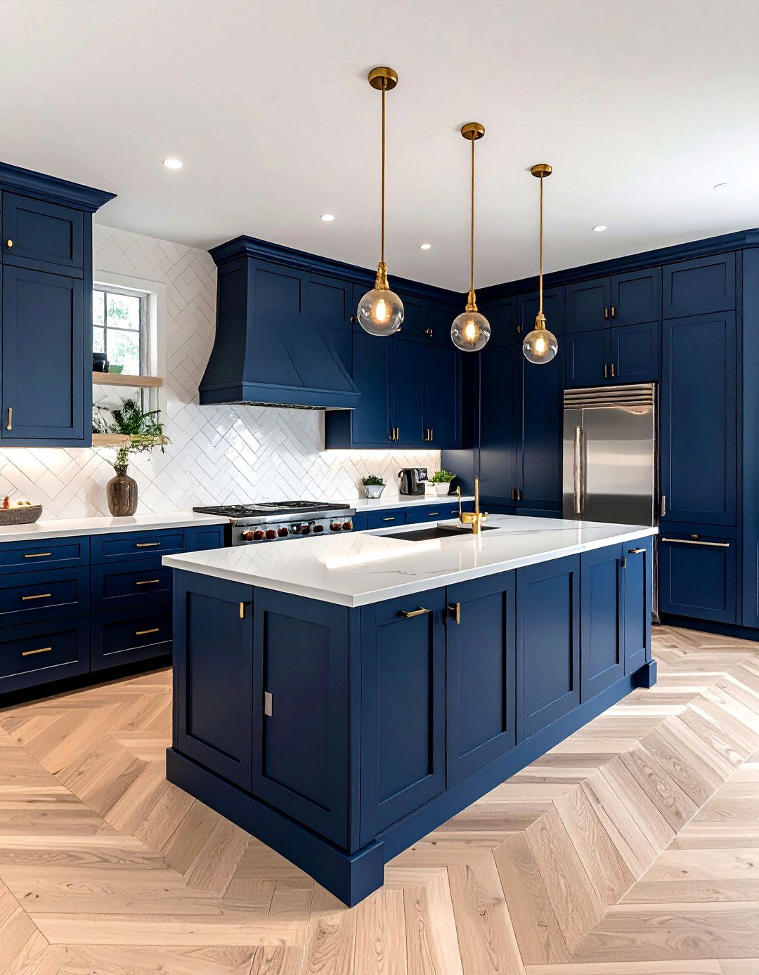 Navy blue kitchen light wood floor - 30 herringbone floor kitchen ideas