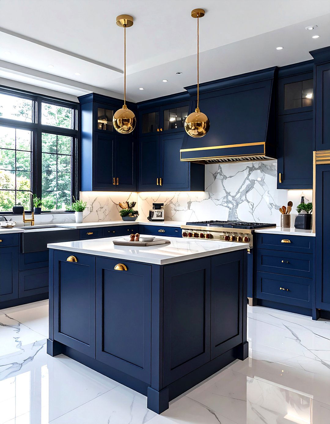 Navy blue kitchen with gold appliances - 30 navy and gold kitchen ideas