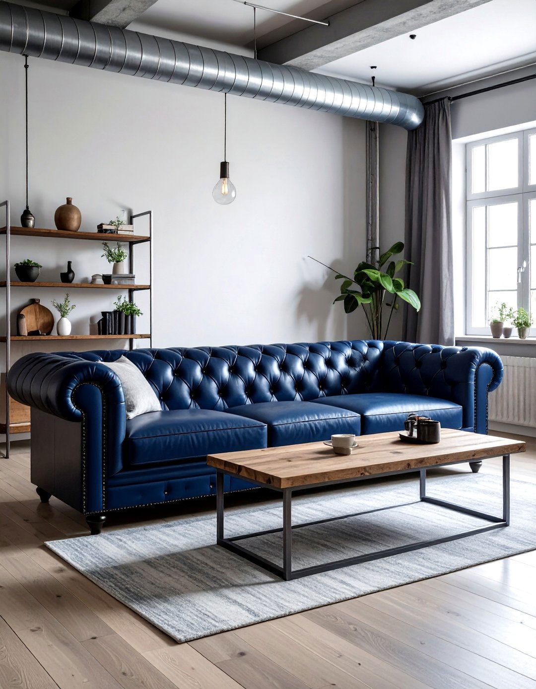 Navy blue leather sofa living room - 30 industrial blue living room ideas