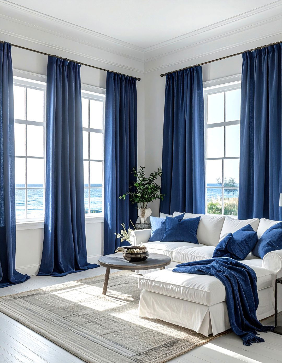 Navy blue linen curtains - 30 coastal navy living room ideas