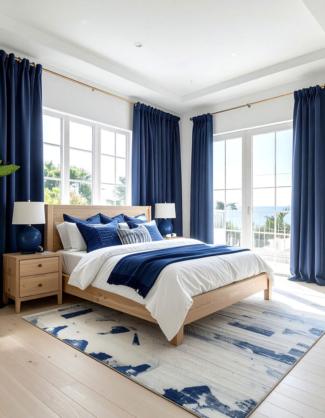 Navy blue linen curtains - 30 coastal navy bedroom ideas