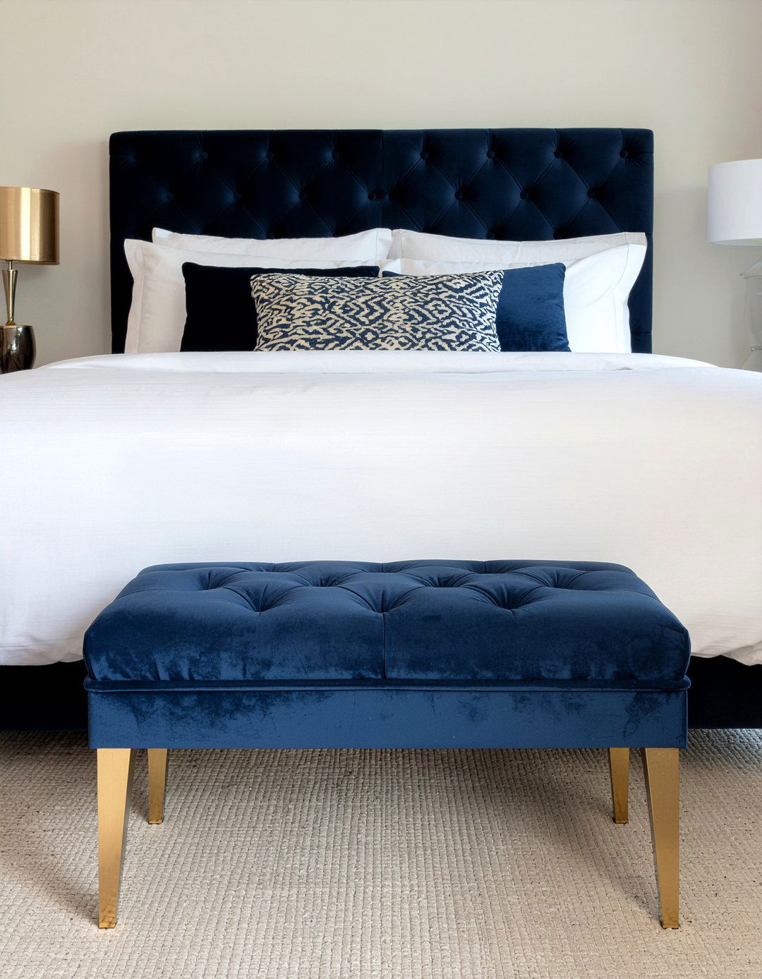 Navy blue ottoman - 30 navy and gold bedroom ideas