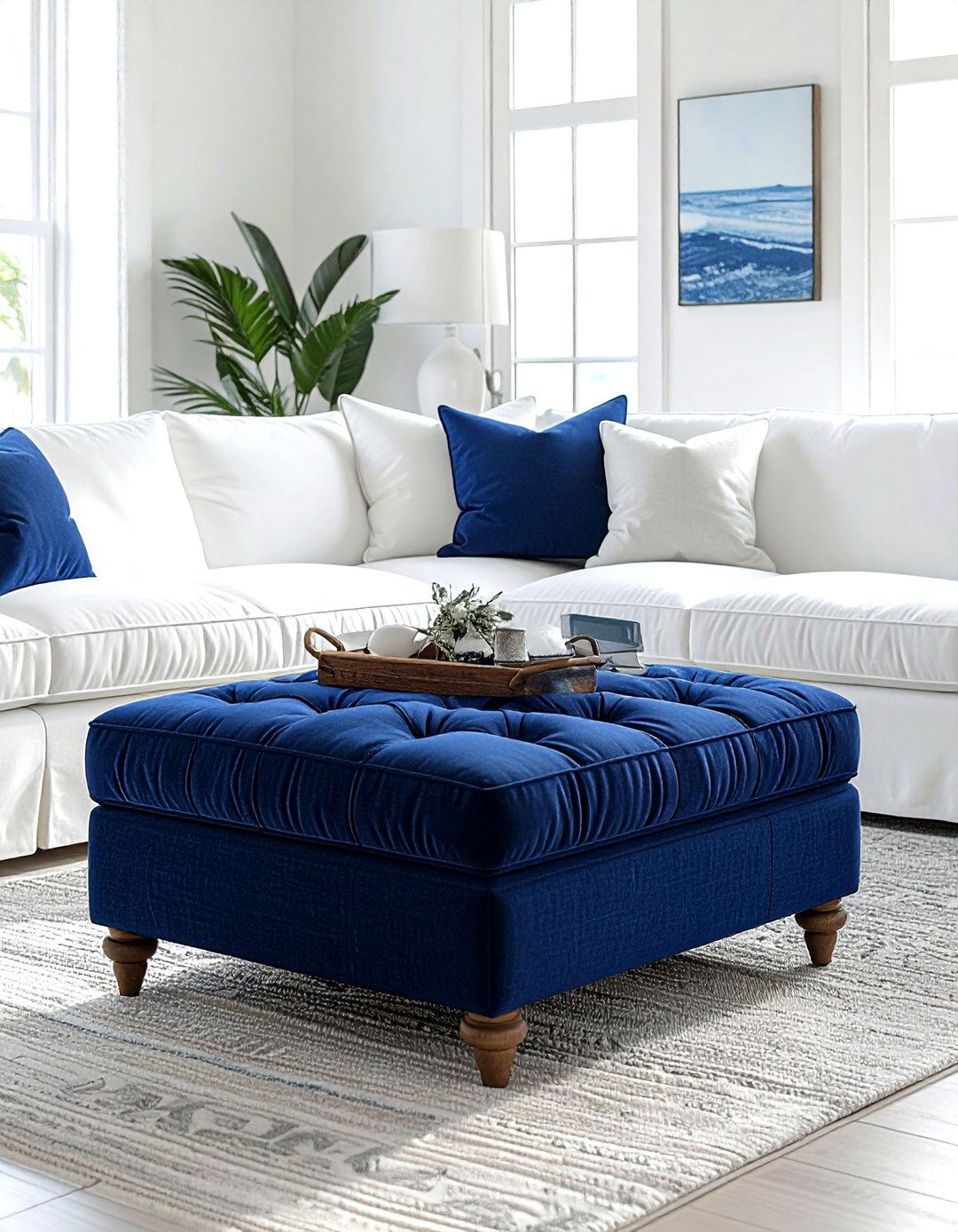 Navy blue ottoman - 30 coastal navy living room ideas