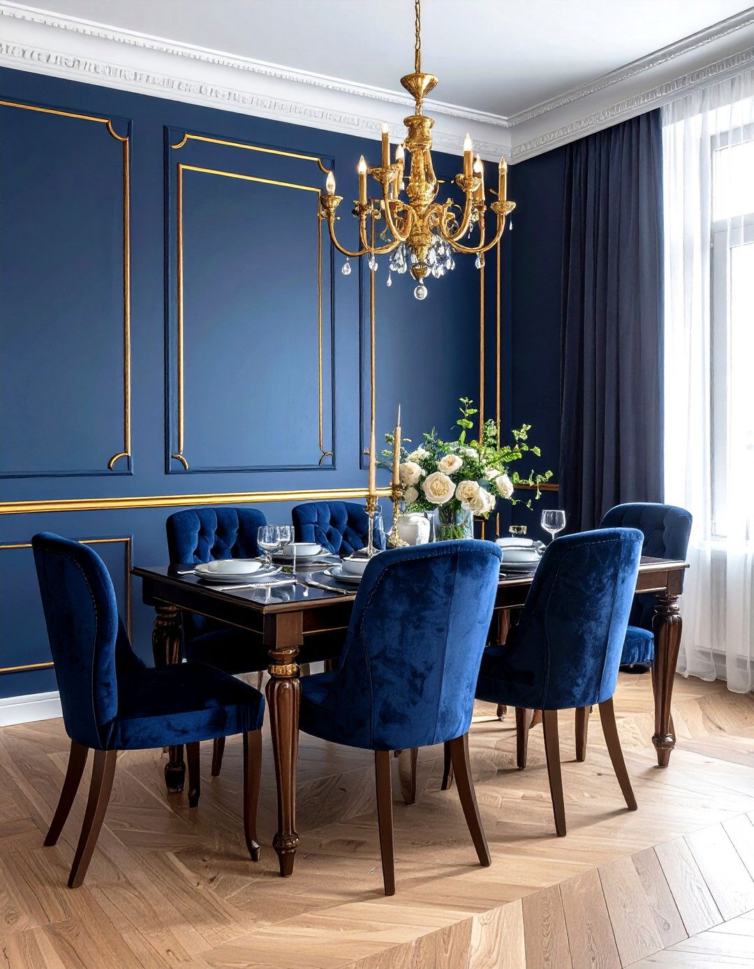 Navy blue paint gold trim dining room - 30 navy and gold dining room ideas
