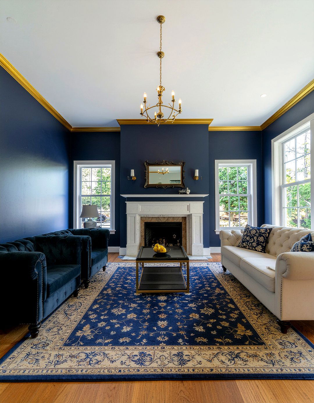 Navy blue paint with gold crown molding - 30 navy and gold living room ideas