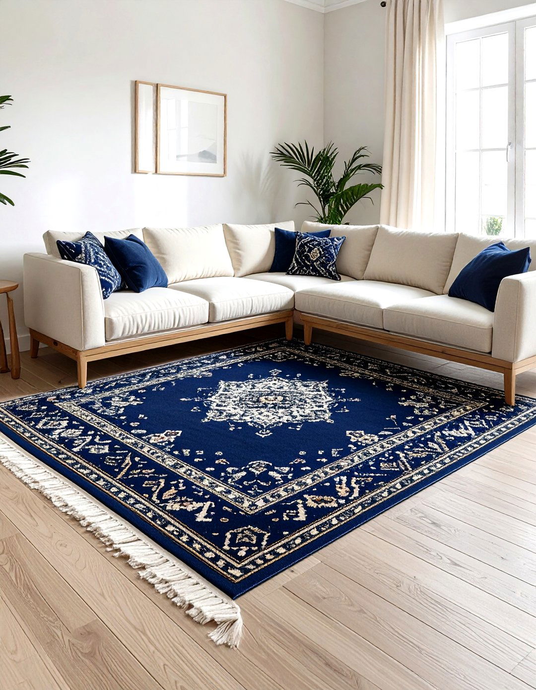 Navy blue patterned rug boho - 30 bohemian navy living room ideas