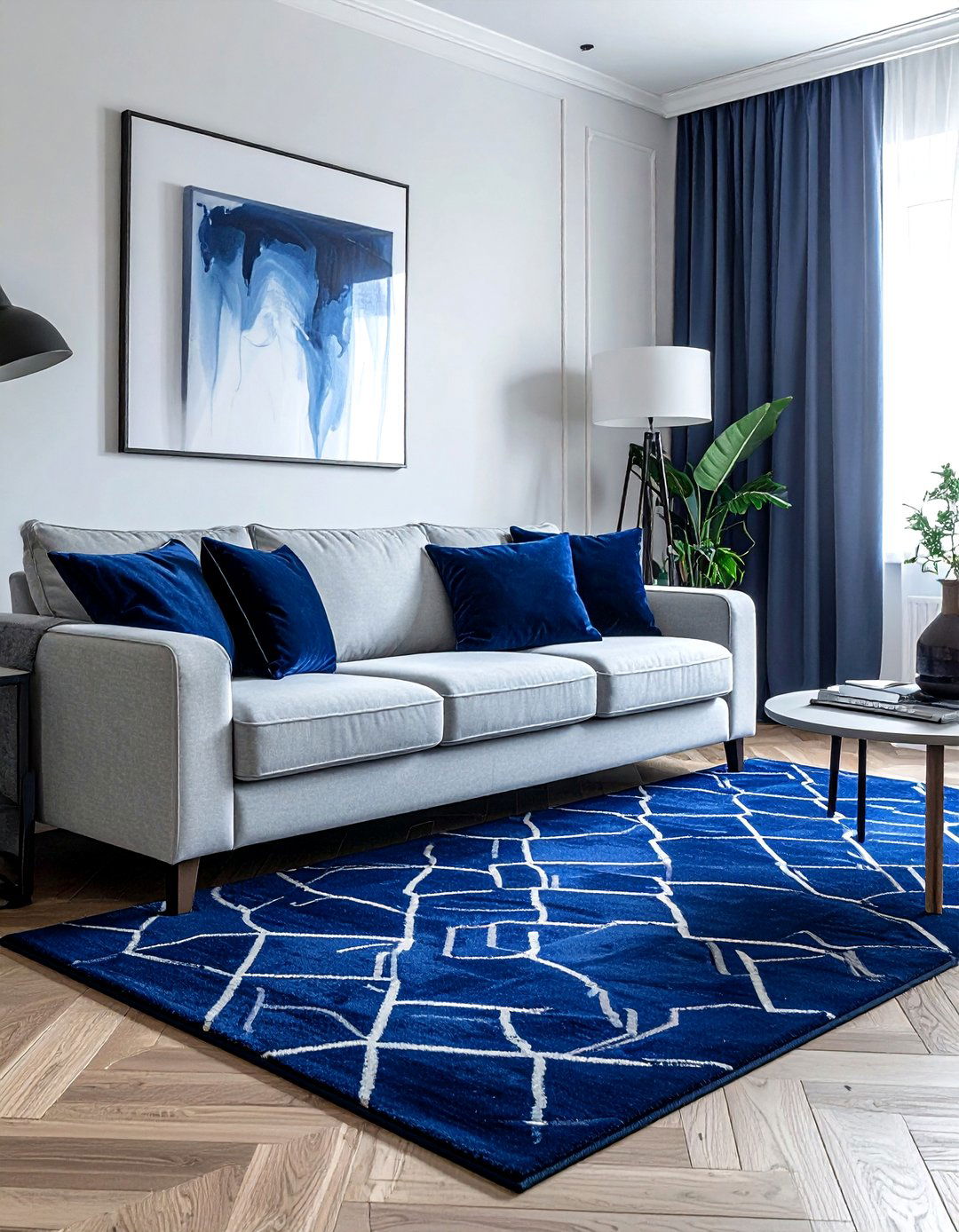 Navy blue patterned rug living room - 30 contemporary navy living room ideas