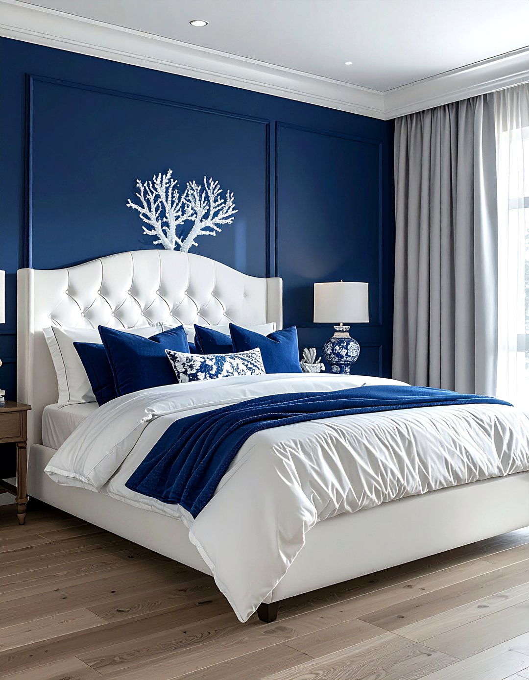 Navy blue patterned wallpaper - 30 coastal navy bedroom ideas